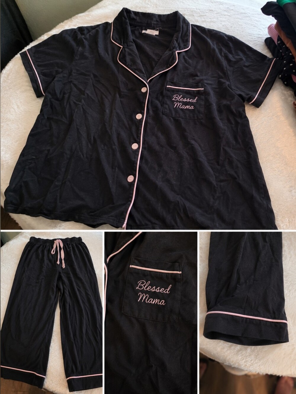 Black 'Blessed Mama' Pajama Set with Pink Trim